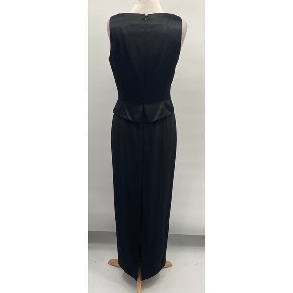 Vintage 90s Papell Boutique Satin Gown Layered Peplum Bodice Embellished Black 8 - Picture 7 of 11